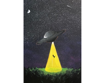 Cat UFO Abduction Standard Postcard | Sci-Fi Mini Art | Alien Abducting Kitten Artwork | Unique Stationary | Cat Lover Decorations