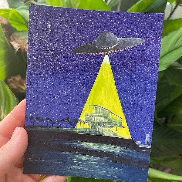 UFO Abduction of St. Petersburg Pier Postcard | St. Pete Landmarks Art | Tampa Bay, Florida Artwork | Gulfcoast Decor