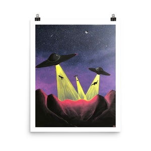 Dinosaurs being Abducted by UFO's Poster | Sci-fi Wall Art | Extraterrestrial Wall Print | Unique Home Decor | Gifts for Sci-Fi Lover