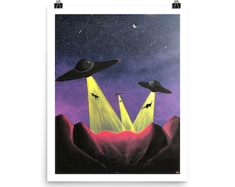 Dinosaurs being Abducted by UFO's Poster | Sci-fi Wall Art | Extraterrestrial Wall Print | Unique Home Decor | Gifts for Sci-Fi Lover