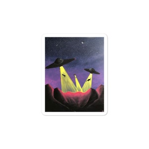 May include: A painting of three flying saucers with beams of light shining down on a mountain range. The sky is a dark purple with stars and a crescent moon.