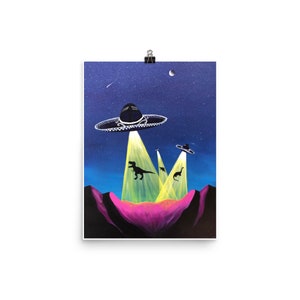 May include: A painting of three flying saucers with sombrero hats, shining beams of light on a pink and black landscape with silhouettes of dinosaurs.