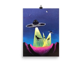 Sombreros Abduciendo Cartel de Dinosaurios / Obra de Arte de Ciencia Ficción Única / Abducción Extraterrestre de Dinosaurios Impresión / Arte OVNI Imaginativo