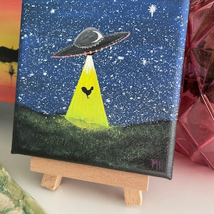 UFO Abduction of Cow Mini Painting | Farm Animal Abduction Series | Sci-Fi Home Decor | Weird Alien Artwork | 4x4 inches