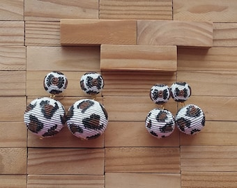 cheetah white 2 two drop Bonbons clip on earrings, animal stud post 2 balls brown Les Bonbons, leopard ball drop wrapped silk cord, handmade