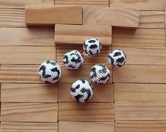 cheetah white 3 three drop Bonbons clip on earrings, animal stud post 3 balls black Les Bonbons,leopard ball drop wrapped silk cord,handmade