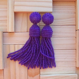 Long Short Purple Violet Clip on Earrings Beaded Tassel - Etsy