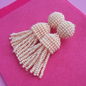 Long short beige  classic clip on earrings,beaded tassel clips,stud/post, SILVER stud 925,round top, gift for her, handmade