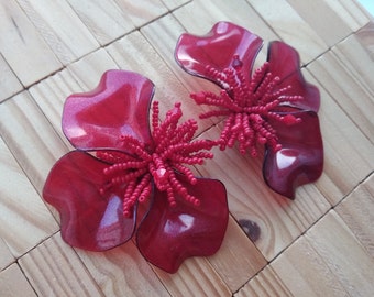 unique large Flower button burst red clip on earrings, bronze navy black beaded fireburst inspired,floral gift,handmade