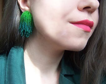 lustered green emerald beaded tassel clip Long short,ombre clip on, stud/post Amy earrings waterfall,gift for her,handmade