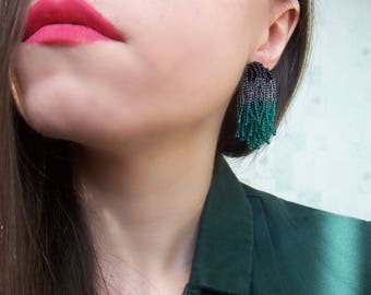 Long short black gray emerald green beaded tassel clip on earrings,Amy waterfall earrings,girlfriend gift for her,handmade