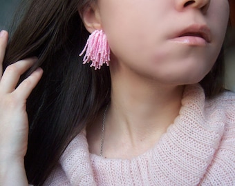 light pink pearl pink beaded tassel clip Long short,Amy clp on earrings,ombre waterfall,girlfriend gift for her,handmade