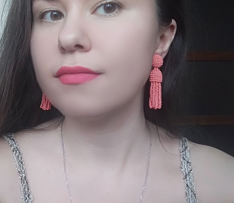 gift for her Long short coral pink Oscar de la Rent\u0430 classic clip on earrings beaded tassel clips handmade round top