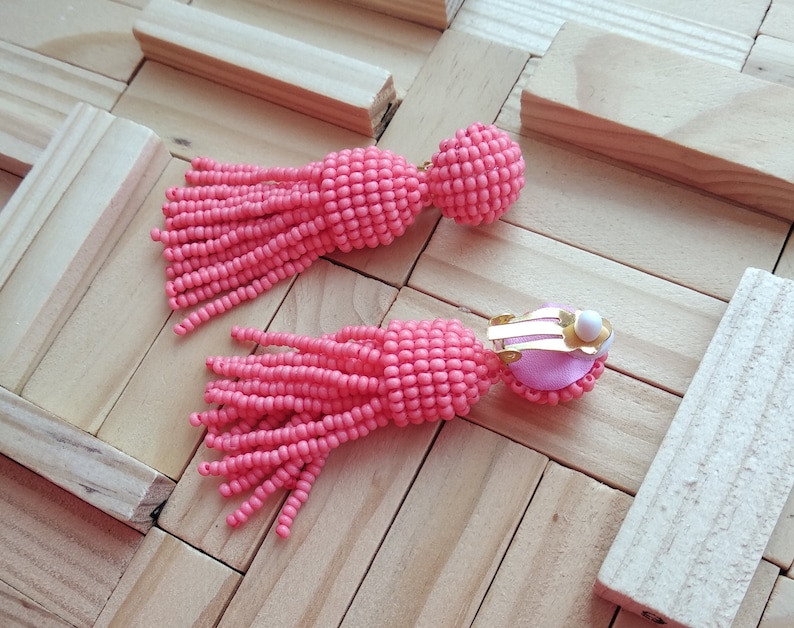 gift for her Long short coral pink Oscar de la Rent\u0430 classic clip on earrings beaded tassel clips handmade round top