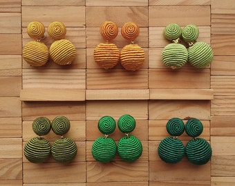 yellow green 2 two drop Bonbons clip on earrings classic,2 balls orange olive emerald Les Bonbons,ball drop wrapped silk cord, handmade