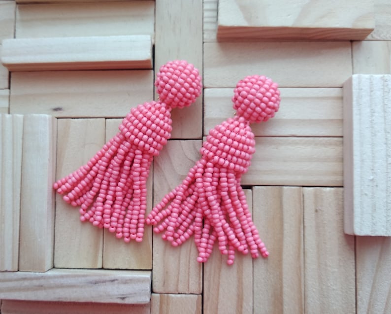 gift for her Long short coral pink Oscar de la Rent\u0430 classic clip on earrings beaded tassel clips handmade round top