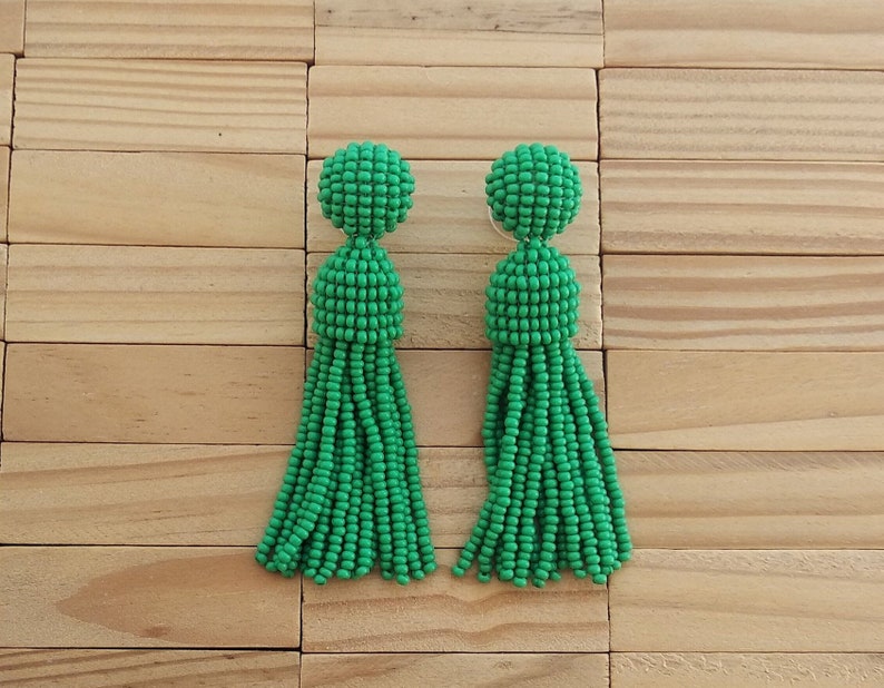 girlfriend gift for her handmade Long short green Oscar de la Rent\u0430 classic clip on earrings,beaded tassel clips,SILVER stud 925,round top