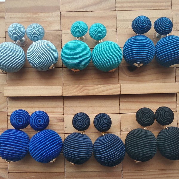 cornflower blue 2 two drop BonBons clip on earrings, large denim navy blue black yellow 2 balls Les bon bons wrapped silk cord,handmade