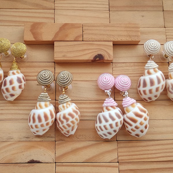 small pink white Shell Bon bons clip on earrings, ivory beige gold Les Bonbons shell, Ophelia earrings, Sea Shell wrapped silk cord,handmade
