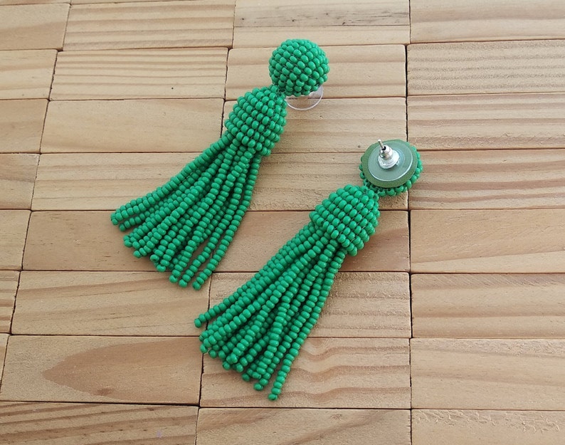 girlfriend gift for her handmade Long short green Oscar de la Rent\u0430 classic clip on earrings,beaded tassel clips,SILVER stud 925,round top