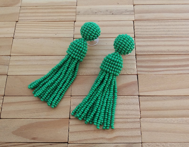 girlfriend gift for her handmade Long short green Oscar de la Rent\u0430 classic clip on earrings,beaded tassel clips,SILVER stud 925,round top