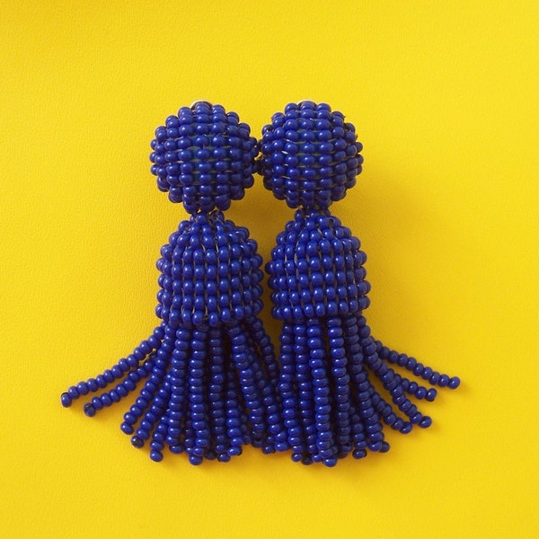 Long short royal blue  classic clip on earrings,  beaded tassel clips, SILVER stud 925, round top, gift for her, handmade