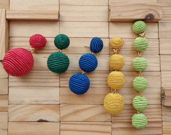 red yellow blue BonBons clip on earrings,2 two 3 three drop 4 four 6 six balls Les bonbons wrapped silk cord,skinny bon bon earring,handmade