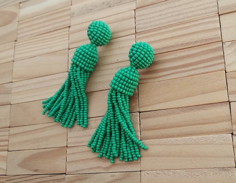 girlfriend gift for her handmade Long short green Oscar de la Rent\u0430 classic clip on earrings,beaded tassel clips,SILVER stud 925,round top