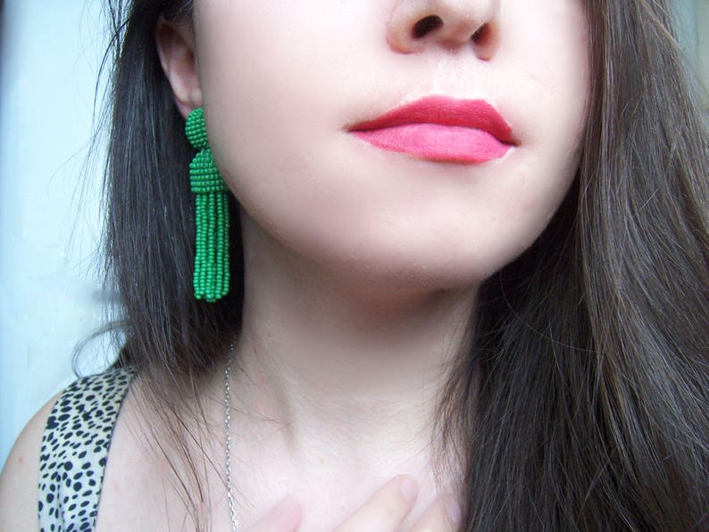 girlfriend gift for her handmade Long short green Oscar de la Rent\u0430 classic clip on earrings,beaded tassel clips,SILVER stud 925,round top