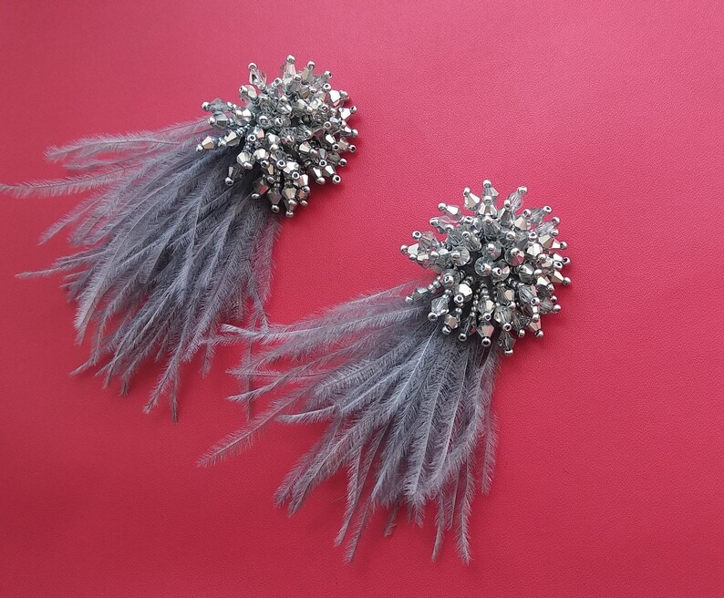 Silver gray burst beaded feathers clip on earrings Long Etsy