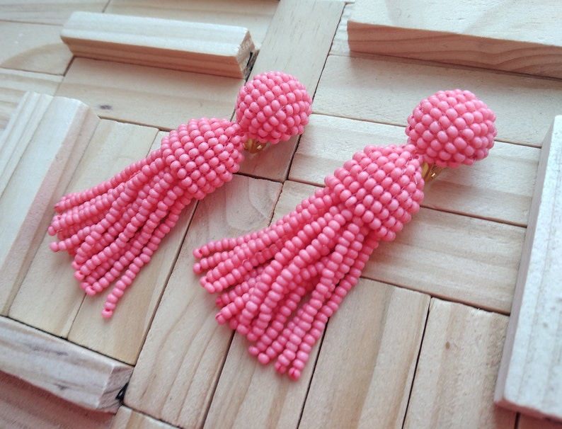 gift for her Long short coral pink Oscar de la Rent\u0430 classic clip on earrings beaded tassel clips handmade round top