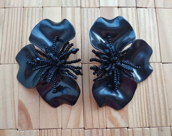 unique large Flower button burst black clip on earrings, oversize navy blue bronze beaded fireburst,  inspired,handmade