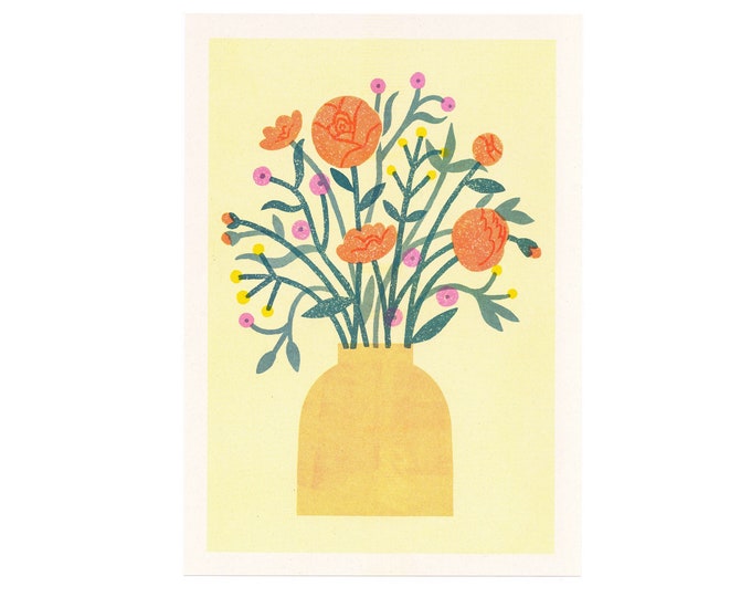 Flowers In A Vase Risograph A4 Art Print, Summer Illustration, Nature Art Gift for Gardeners, Cottage Core Wall Hanging