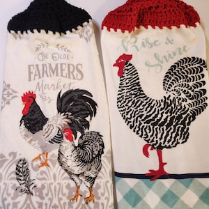 Rooster Kitchen Towels, Farmhouse Decor,Handmade Crochet Topped Hanging Over the Oven Dishtowels, Chicken Hen, Mother&#39;s Day Gift, Rustic