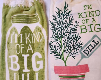 Big Dill Kitchen Towel, Handmade Crochet Topped Hanging Over the Oven Dishtowel, Unique Big Deal Pickle Jar Funny Kitchen Mother's Day Gift