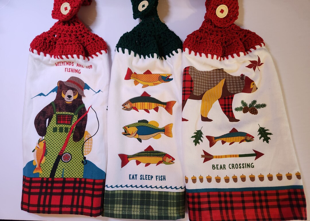 Fishing Kitchen Towels Crochet Topped Hanging Towels Etsy