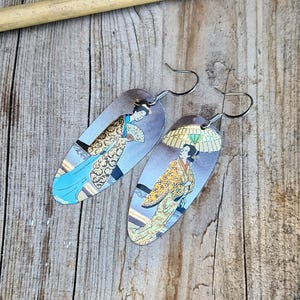 Asian tin drop earrings,recycled tin earrings,vintage tea caddy,chinese earrings,oriental,mismatched earrings,gift for her,geisha.