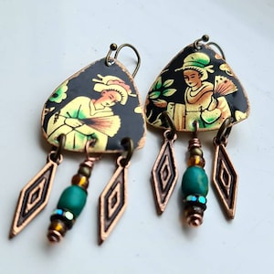 Asian woman with fan,recycled tin earrings,vintage tea caddy,chinese earrings,oriental,black,turquoise Lightweight earrings,gift for her