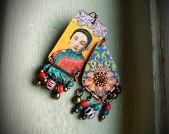 Asian woman portrait earrings, mismatched, asymmetrical earrings, yellow,red,blue earrings, chinese art,OOAK jewelry,vintage style,bohemian.