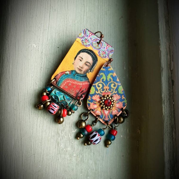 Asian woman portrait earrings, mismatched, asymmetrical earrings, yellow,red,blue earrings, chinese art,OOAK jewelry,vintage style,bohemian.
