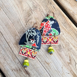 Oriental earrings,black,red,yellow & green earrings,tin earrings,geisha,pagoda,vintage tin earrings,ooak earrings,floral earrings,repurposed