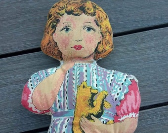 15” Printed Cloth Doll from 1960s/1970s Make At Home Kit, very Unique and Unusual, colourful present/gift UK