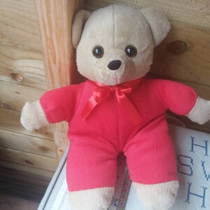 Può includere: Un orsacchiotto di peluche che indossa una tuta rossa con un papillon rosso. L'orso ha gli occhi marroni e un naso nero.