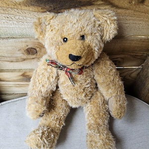 Può includere: Un orsacchiotto di peluche con pelliccia marrone chiaro, naso nero e piccoli occhi neri. L'orso indossa un nastro a quadri rosso, verde e nero intorno al collo. L'orso è seduto su una superficie chiara.