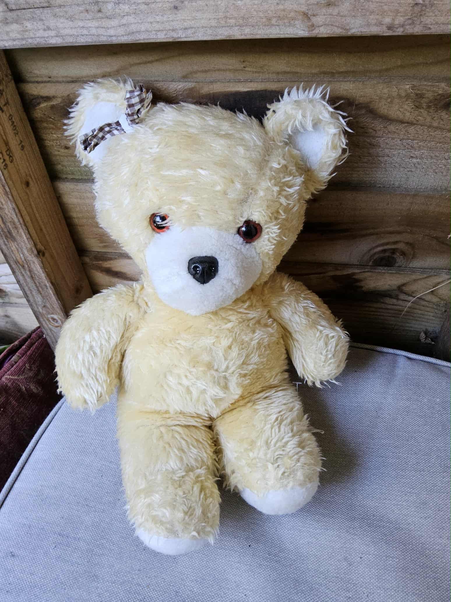 Ancien Ours En Peluche Bicolore 1950/60 – Rose Et Bleu – Usé Mais Trop Mignon – 19,5 Cm