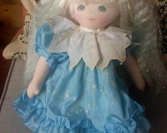 Mandia Paris Creation muñeca de tela navideña/ vestido azul copo de nieve/pelo rubio plateado largo/años 90