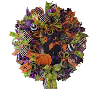 Black Cat Wreath, Halloween Wreath for Front Door, Whimsical Halloween Wreath, Halloween Decor, Halloween Pumpkin Wreath, Witch Hat Wreath