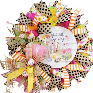Spring Welcome Wreath, Deco Mesh Spring Wreath for Front Door, Bunny Wreath, Whimsical Wreath, Everyday Deco Mesh Wreath