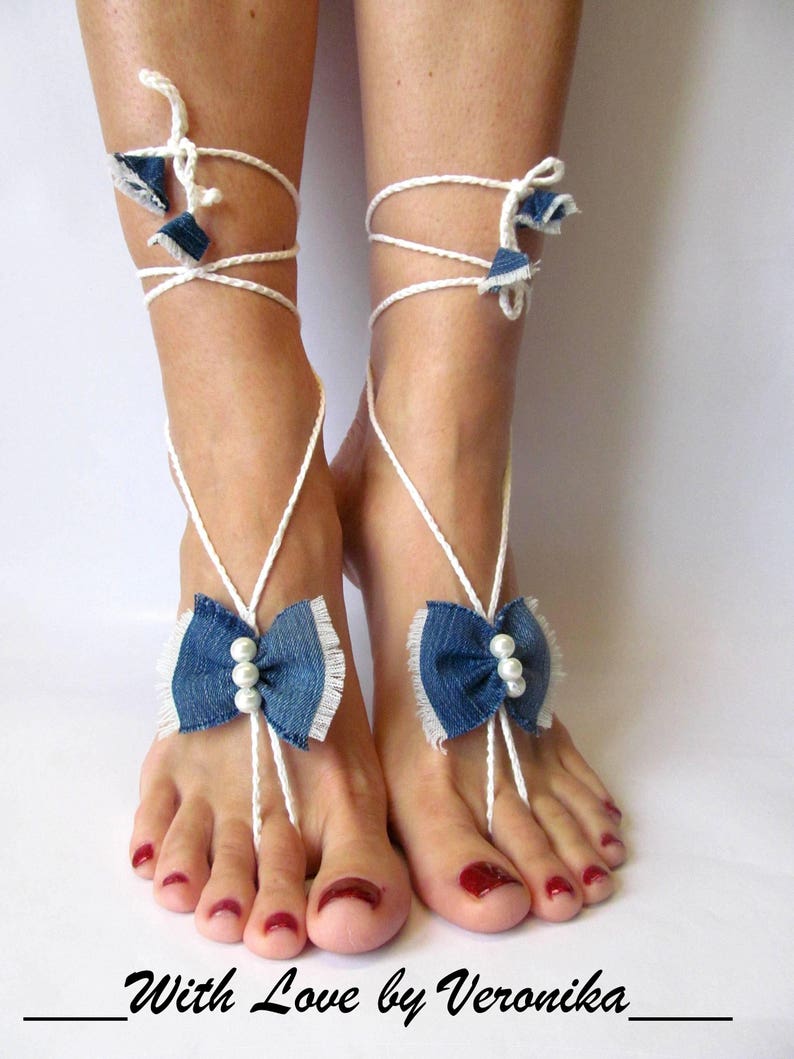 Denim Barefoot White Footless Sandals Beach Wedding Sandals Etsy