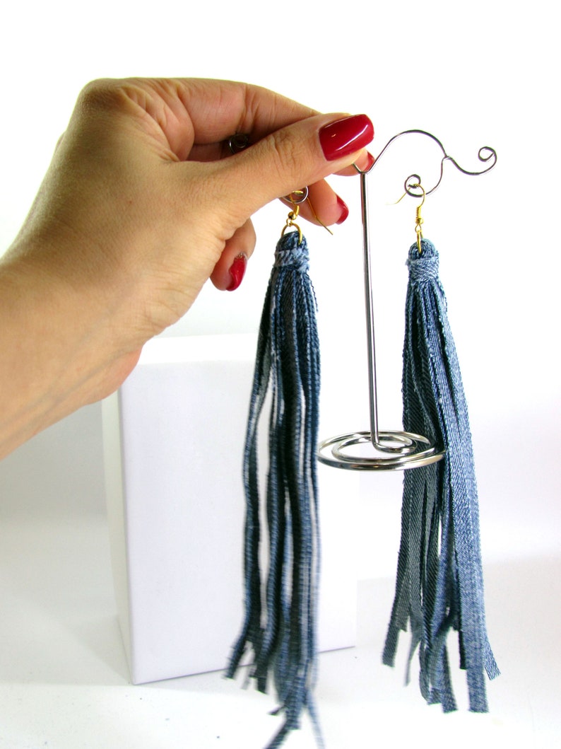 Denim Hoopla Fringe Earrings Denim Shredded Earrings Denim Etsy